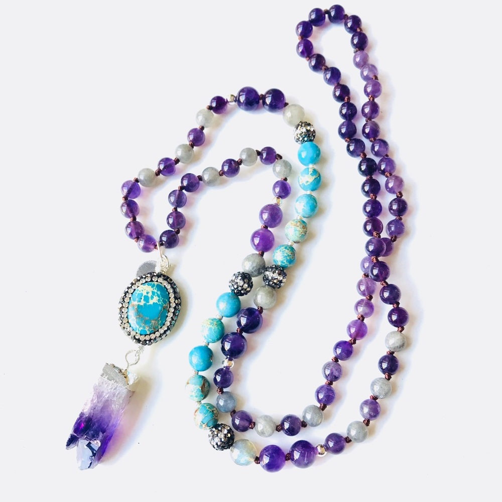 Purple Amethyst, Labradorite, Turquoise Howlite Mala Bead Silver Necklace